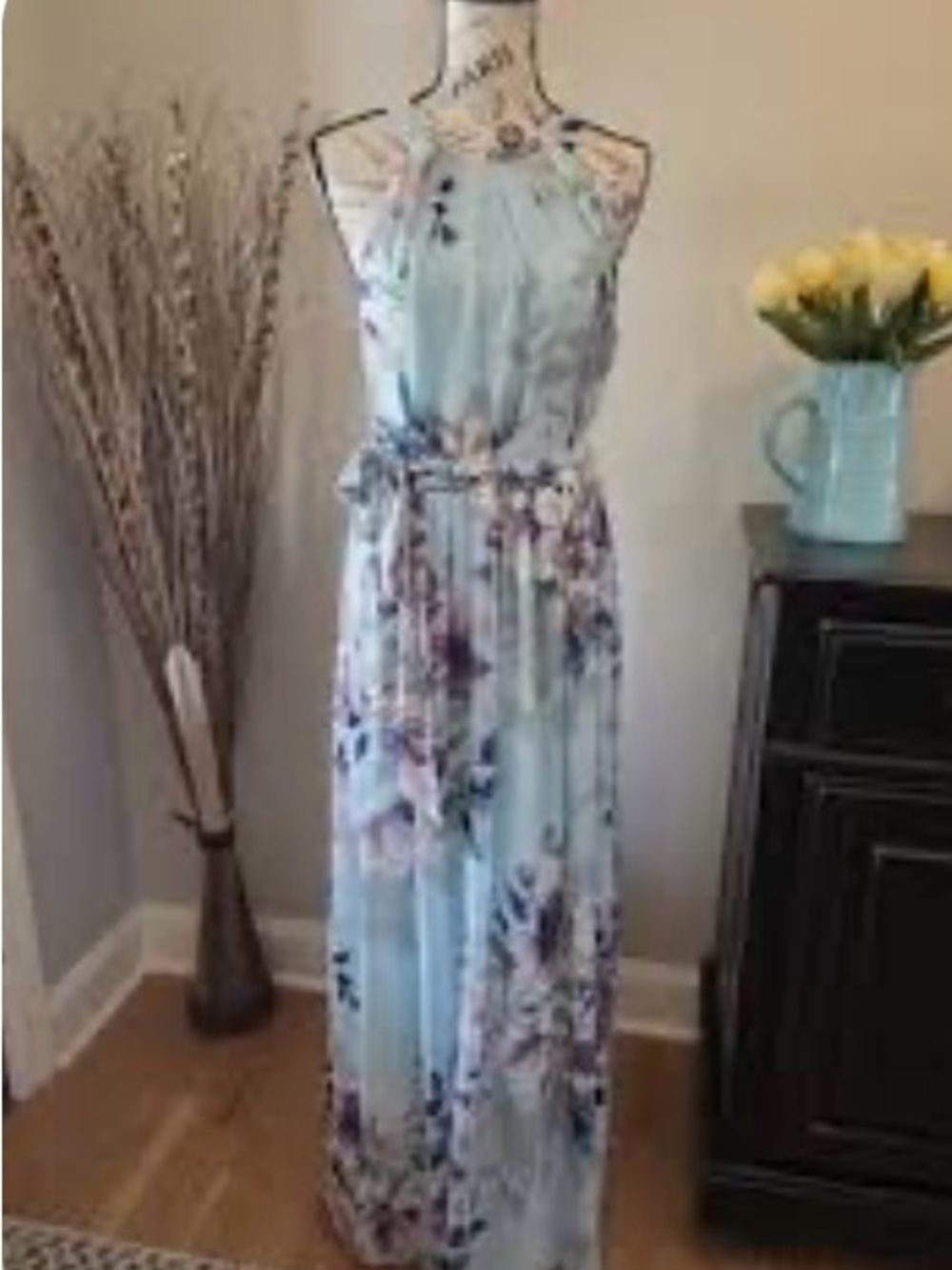 Jessica Howard Light Blue Floral Halter Maxi Dress